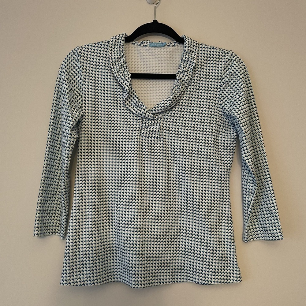 J McLaughlin Catalina Cloth 3/4 Sleeve Shirt XS‎ Stretch Preppy Resort Ruffles